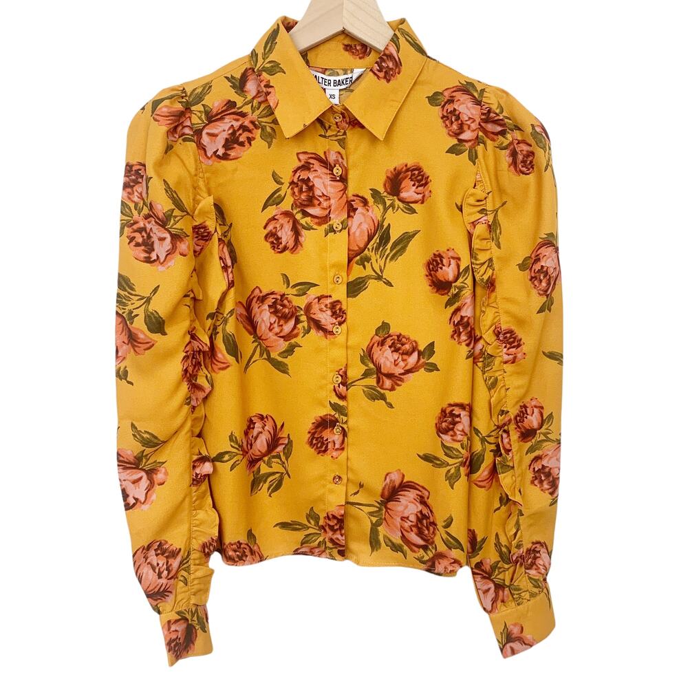 Walter Baker Blouse Size XS Floral Mustard Yellow Long Puffed Sleeve Ruffles